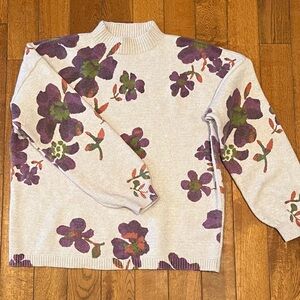 LOFT Cream and Purple Floral Turtleneck Sweater